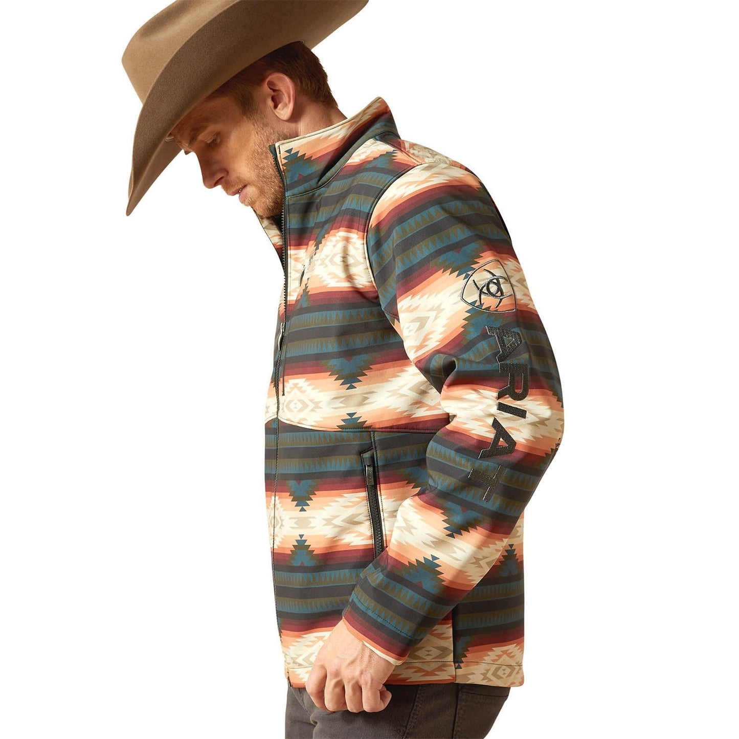 Ariat Mens Western Print Logo Softshell Jacket – Water-Resistant Stretch Lightweight Jacket