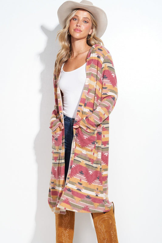 Aztec Hooded Long Cardigan - Bumpkin Ranchwear
