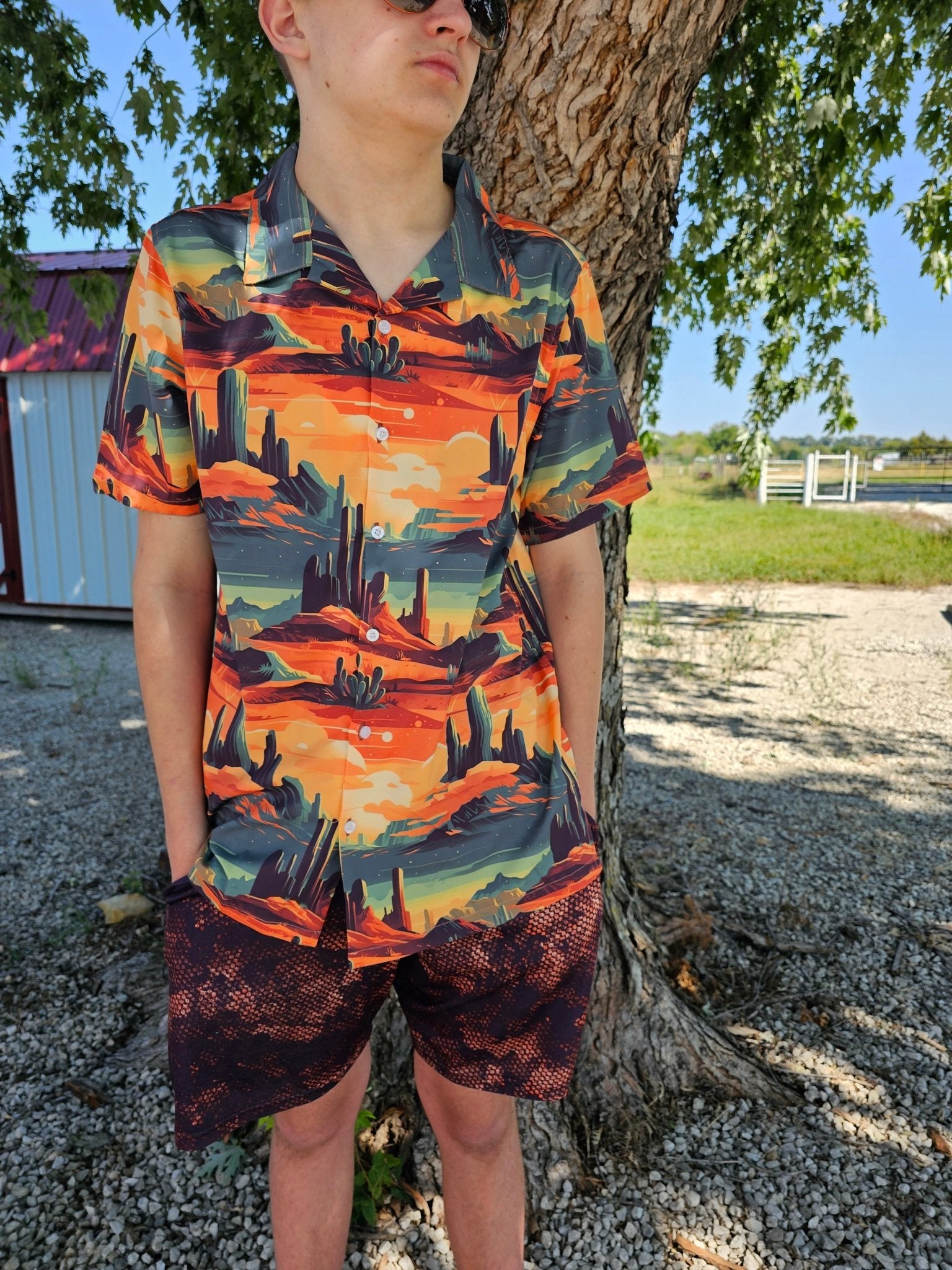 Baha Ranch Western Wear Retro Desert Mens Southwest Button Down Camp Shirt - Bumpkin Ranchwear