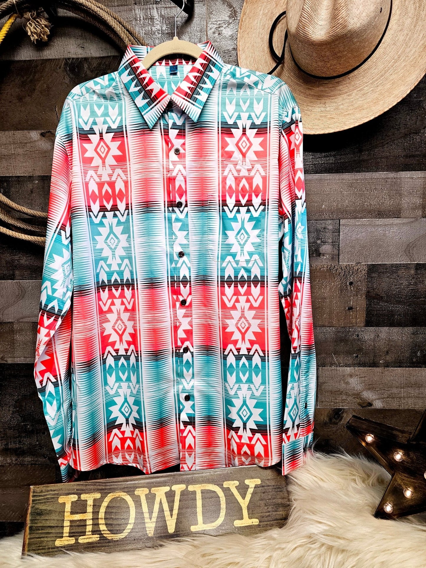 Baha Ranch Western Wear Turquoise Orange Aztec Unisex Western Button Up Shirt - Bumpkin Ranchwear