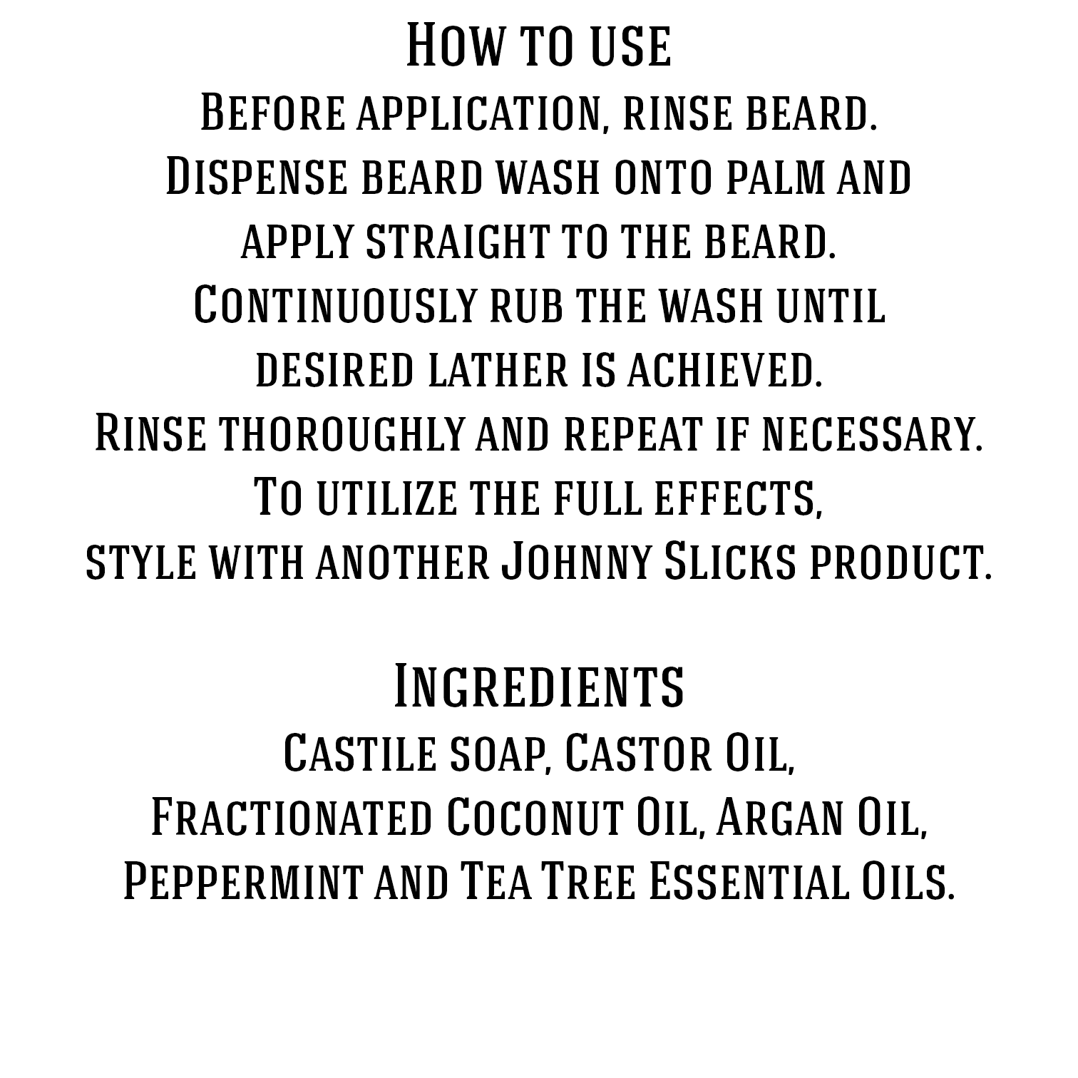 Instructions for using a beard wash product with ingredients listed on a white background.