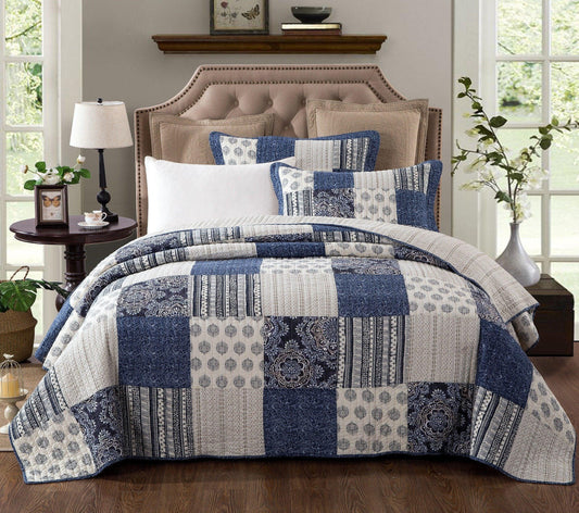 Farmhouse Denim Blue Elegance Patchwork Cotton Bedspread Set
