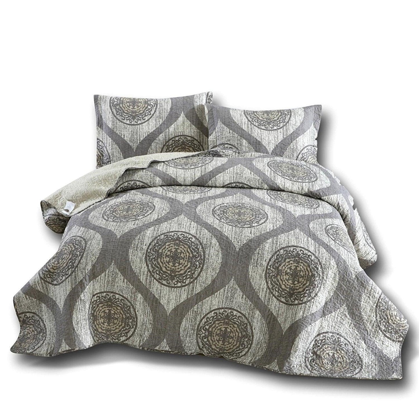 Rustic Grey Mosaic Distressed Medallion Reversible Quilted Bedspread Set