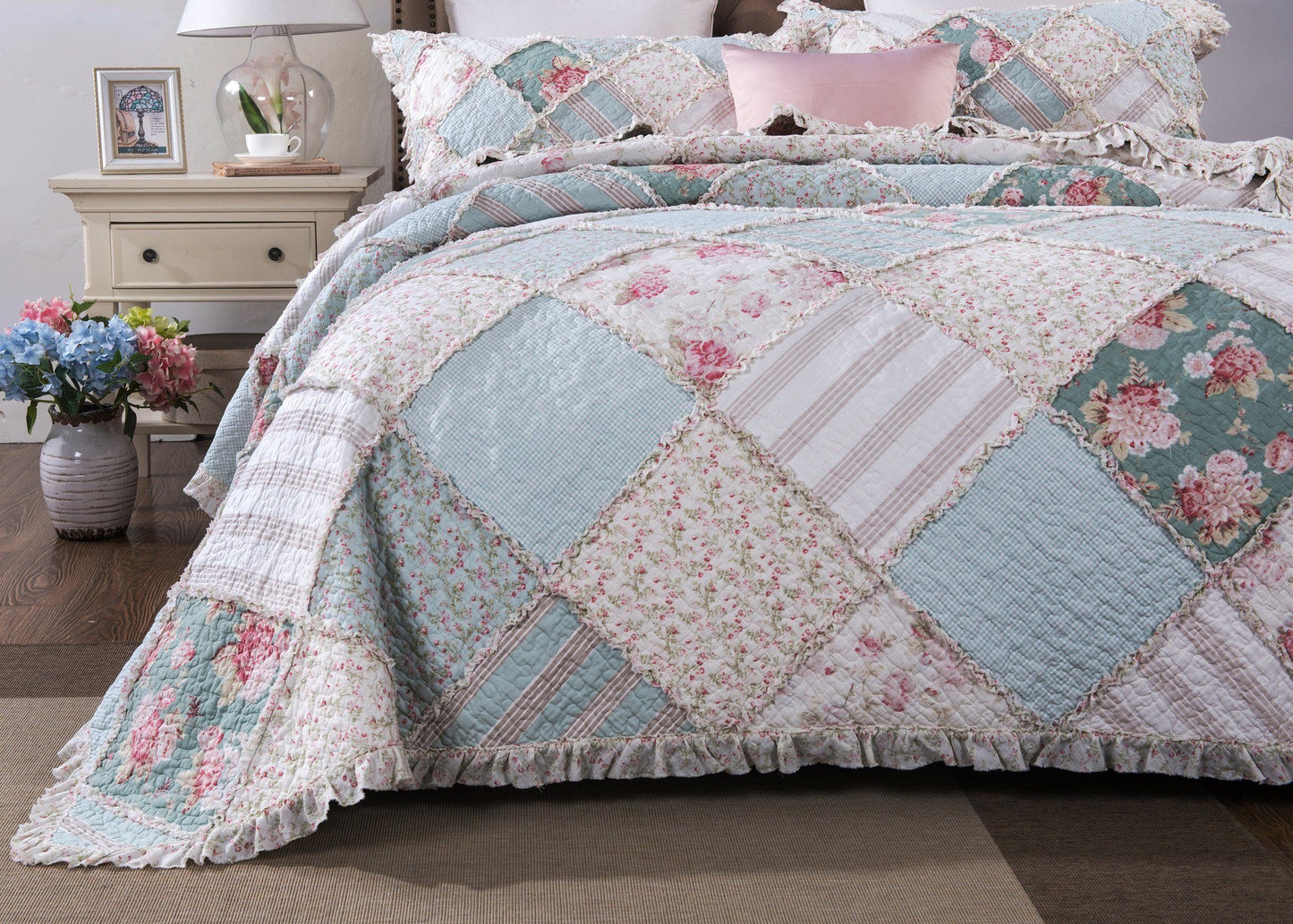 Floral Pastel Cotton Patchwork Ruffle Bedspread Set