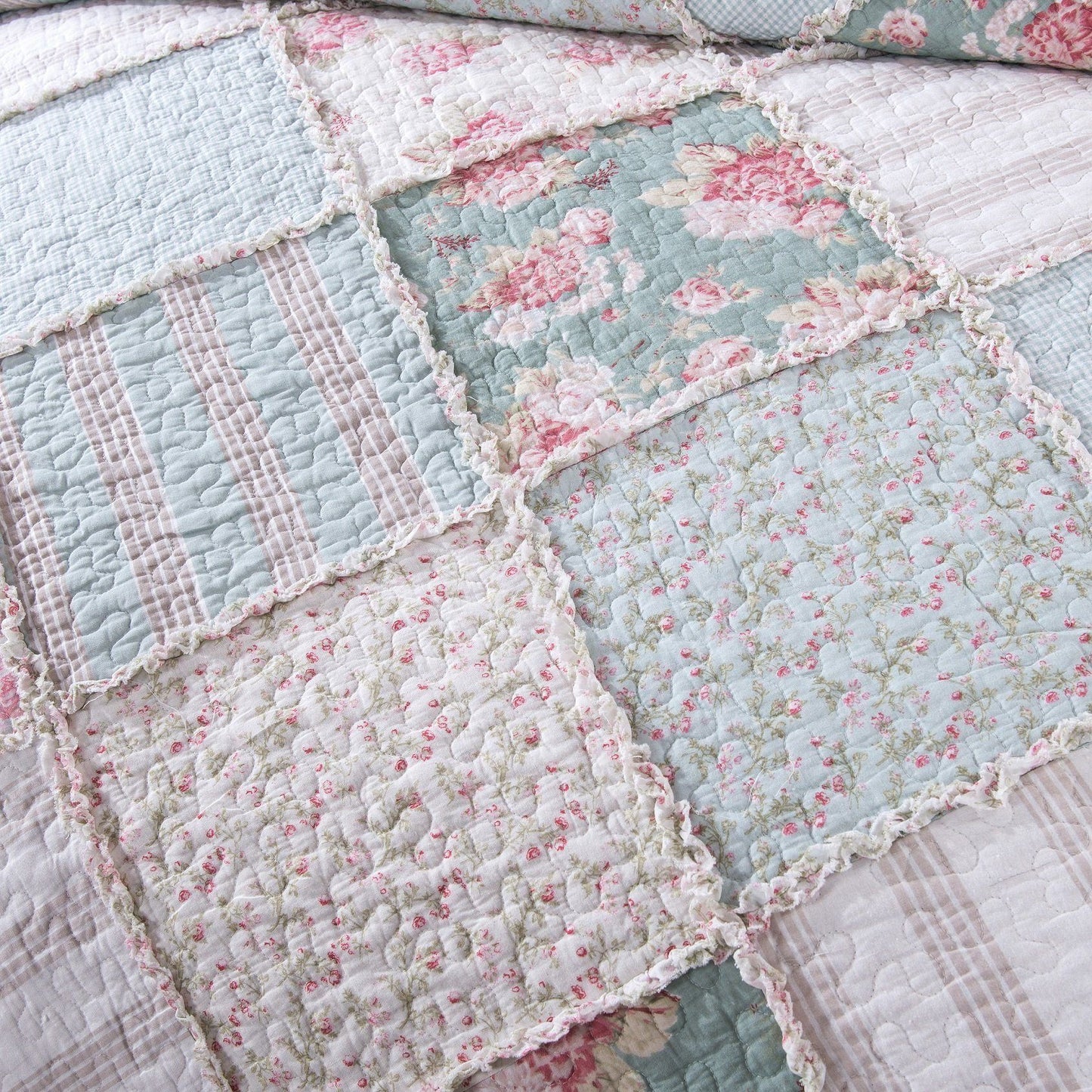 Floral Pastel Cotton Patchwork Ruffle Bedspread Set