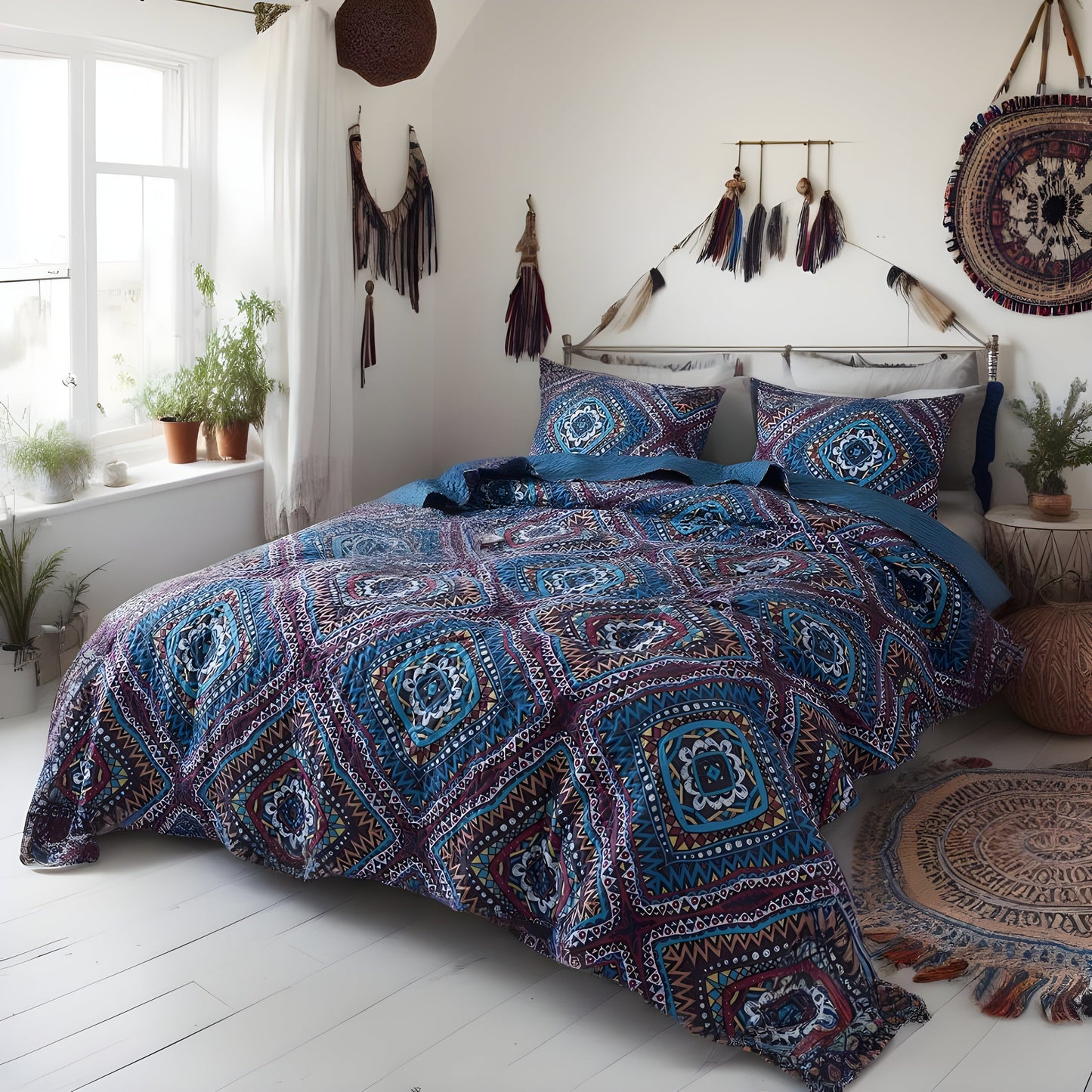 Farmhouse Bohemian Native Rustic Navy Blue Geometric Diamond Shapes Bedspread Set