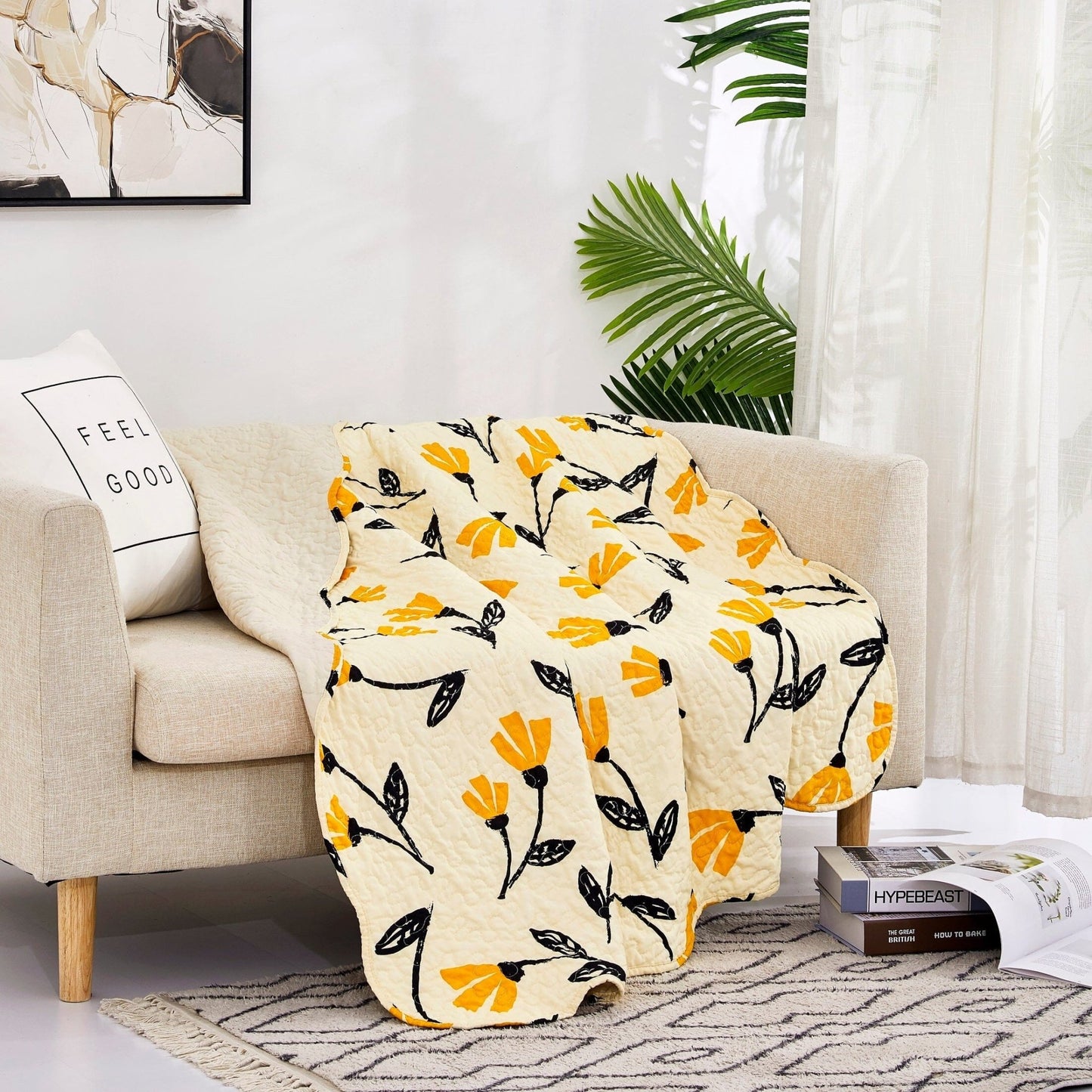 Botanical Floral Throw Blanket - Quilted Yellow Fleur Golden Orange Spring Time Tulips - Scalloped Edges Bright Vibrant Ivory Cream - Bumpkin Ranchwear