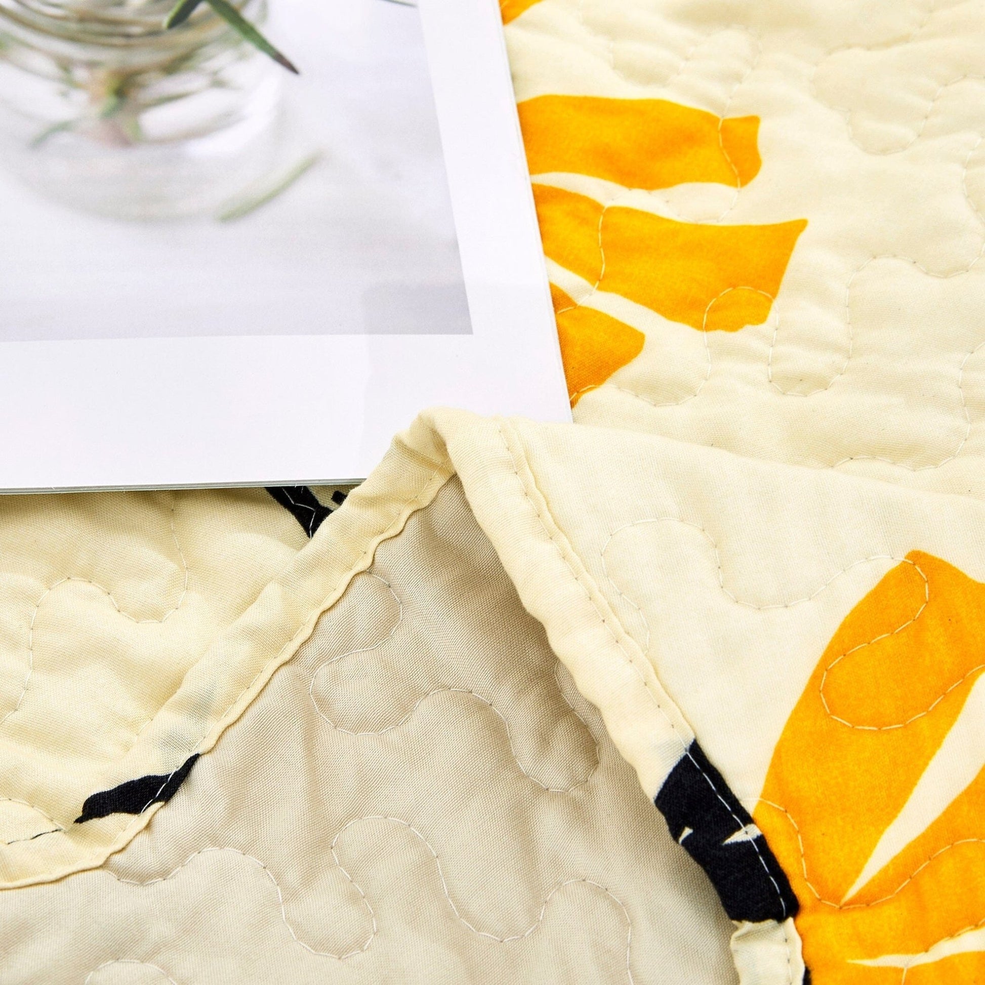 Botanical Floral Throw Blanket - Quilted Yellow Fleur Golden Orange Spring Time Tulips - Scalloped Edges Bright Vibrant Ivory Cream - Bumpkin Ranchwear