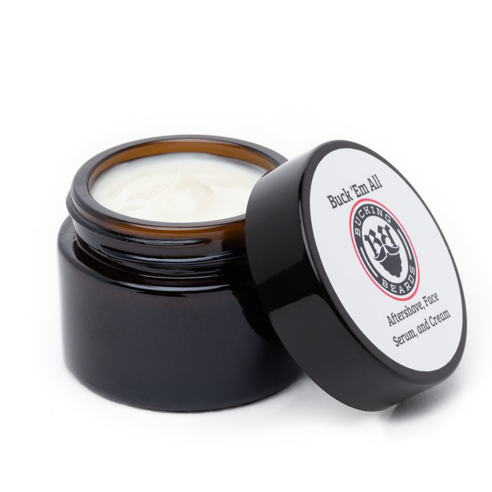 Black jar with a white lid featuring 'Buck Em All' branding on a white background