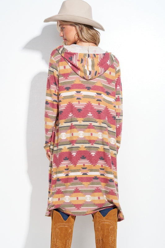 Aztec Hooded Long Cardigan