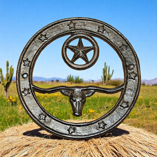 Cast Iron Longhorn and Star Plaque, Rustic Western Wall Decor for Farmhouse Cabin Ranch - Bumpkin Ranchwear