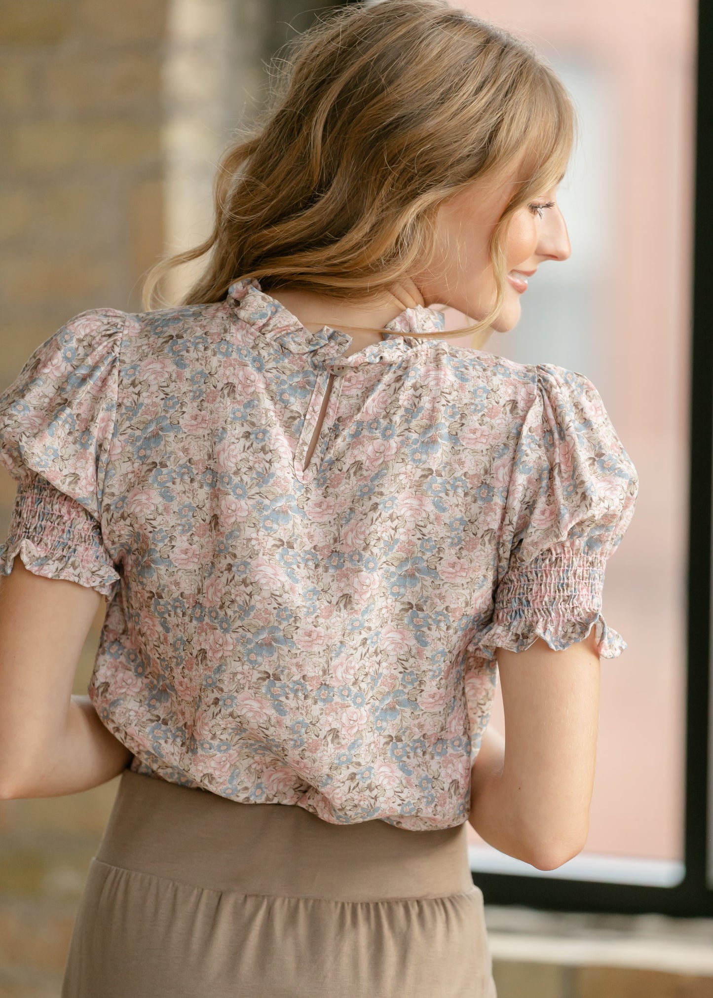 Clara Floral Ruffle Mockneck Short Sleeve Top