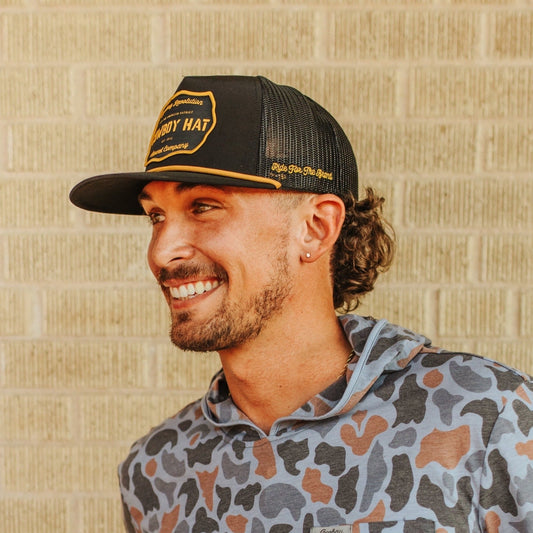 “Cowboy Hat” Patch Rope Trucker Hat - Black - Bumpkin Ranchwear