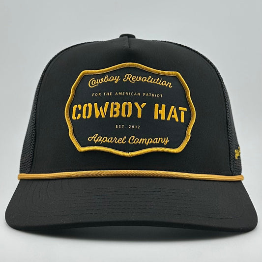 “Cowboy Hat” Patch Rope Trucker Hat - Black - Bumpkin Ranchwear