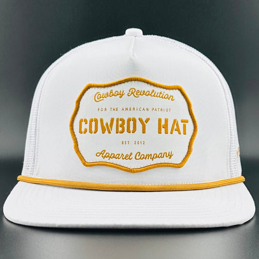 “Cowboy Hat” Patch Rope Trucker Hat - White - Bumpkin Ranchwear