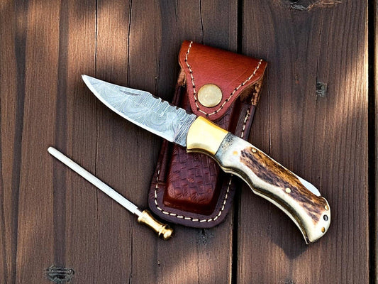 cowboy Pocket Knife | Antler Horn Handle with damascus blade - Bumpkin Ranchwear