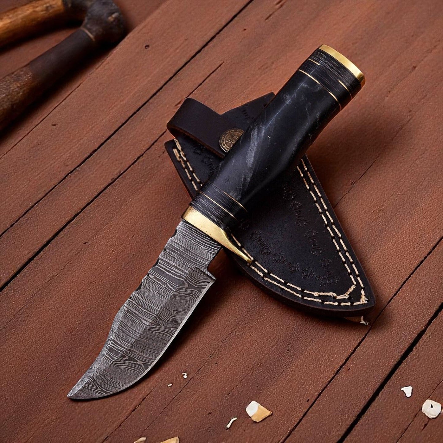 Custom Handmade Damascus Hunting Knife – 8" with Sheath - Bumpkin Ranchwear