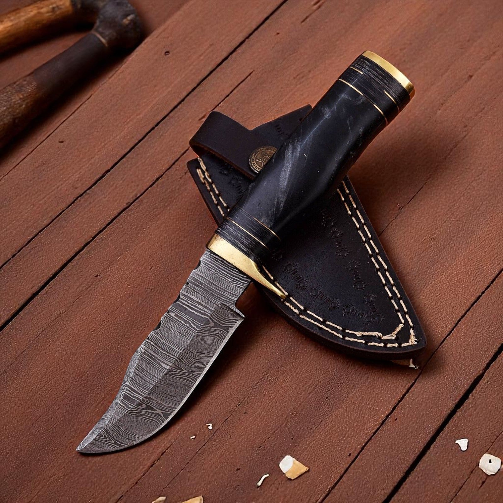 Custom Handmade Damascus Hunting Knife – 8" with Sheath - Bumpkin Ranchwear