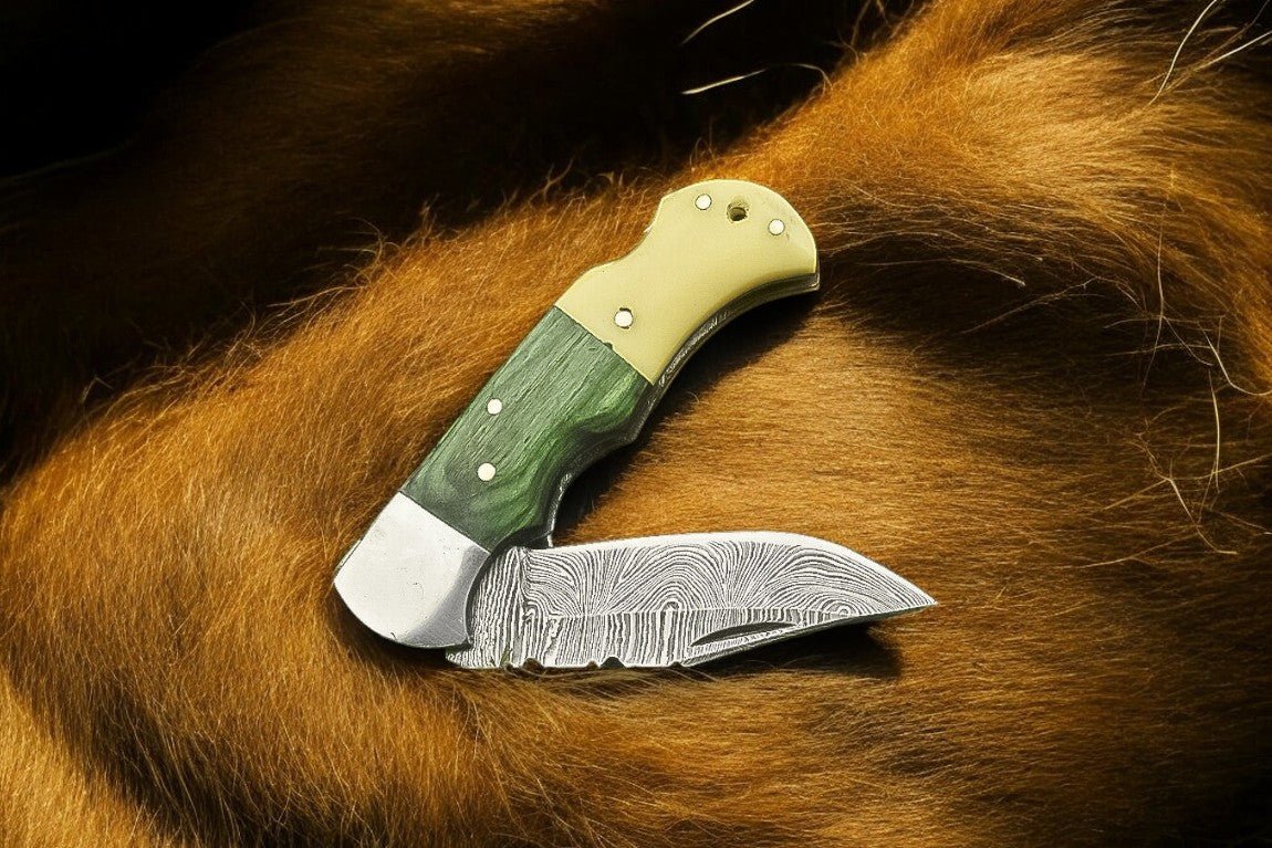 Custom Handmade Damascus Pocket Knife – Bone & Wood Handle - Bumpkin Ranchwear