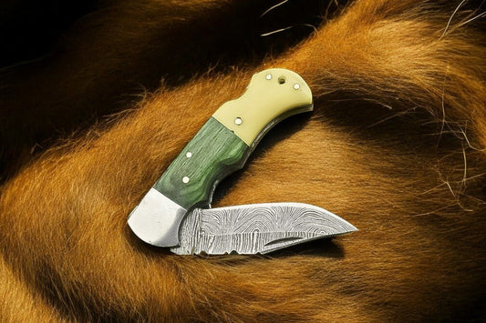 Custom Handmade Damascus Pocket Knife – Bone & Wood Handle - Bumpkin Ranchwear