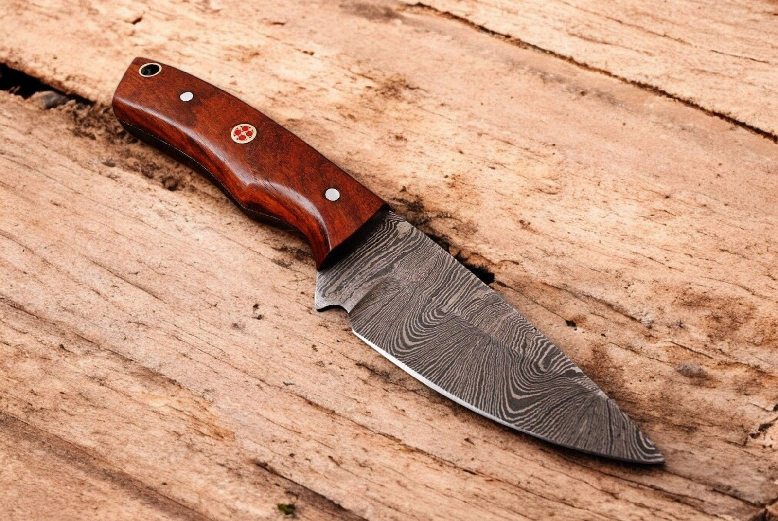 Custom Handmade Damascus Skinning Knife with Wood Handle - Bumpkin Ranchwear