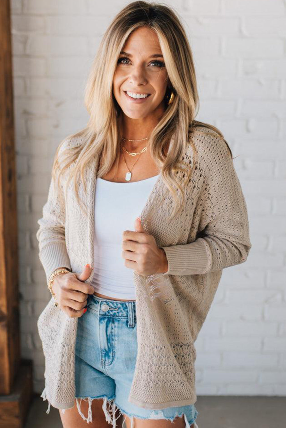 Khaki Mix Pattern Hollow Knit Open Front Cardigan