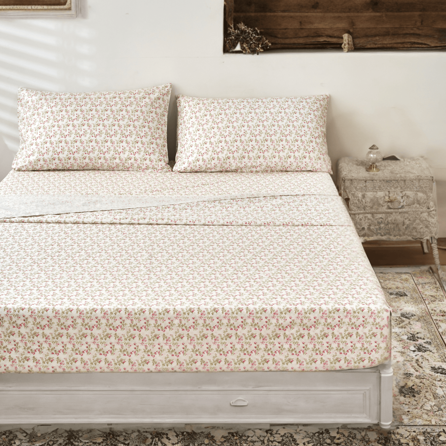 Romantic Coquette Sheet Set - 100% Cotton Floral Fitted & Flat Sheets with Pillowcases - Deep Pocket Design - Soft, Breathable, Wrinkle-Resistant