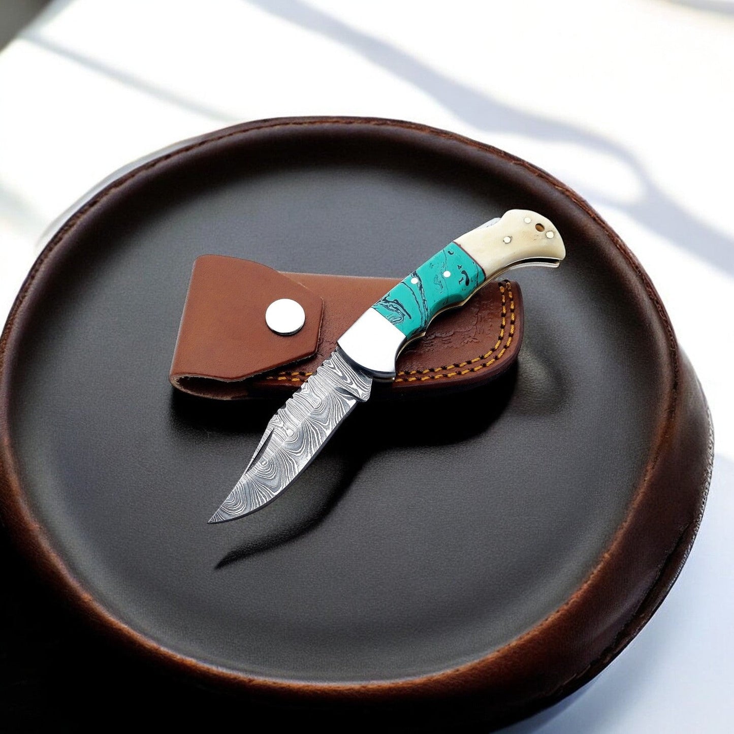 Damascus Pocket Knife - Resin & Bone Handle, 3" Blade - Bumpkin Ranchwear