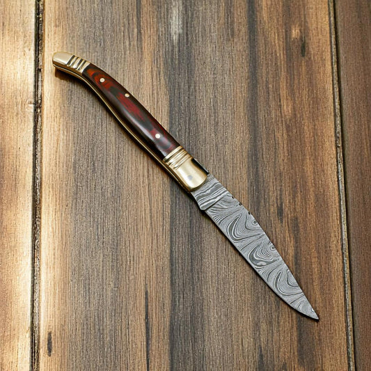 Damascus Pocket Knife with Exotic Wood & Brass Bolster - Bumpkin Ranchwear