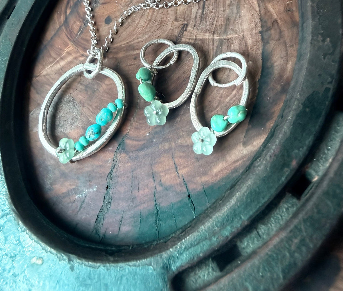 Desert Bloom Huggies & Pendant Set | Guatemalan Jadeite, Natural Turquoise & Sterling Silver