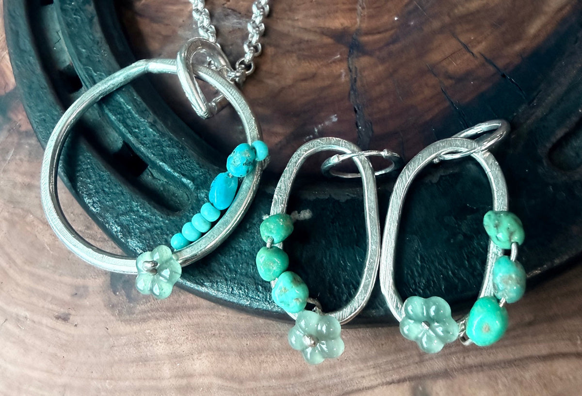 Desert Bloom Huggies & Pendant Set | Guatemalan Jadeite, Natural Turquoise & Sterling Silver