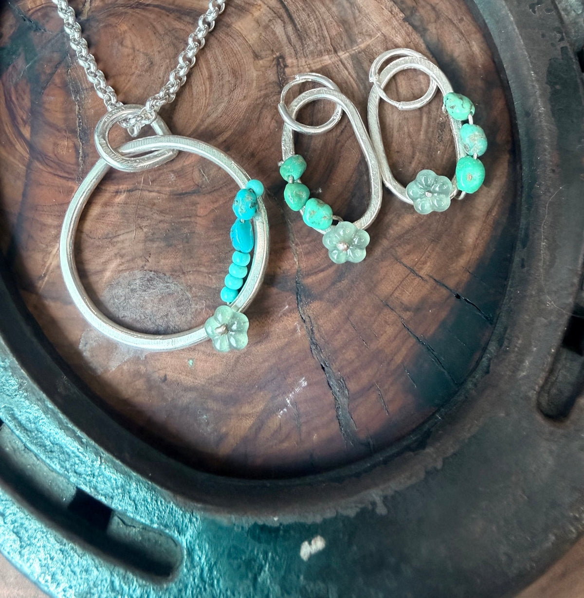 Desert Bloom Huggies & Pendant Set | Guatemalan Jadeite, Natural Turquoise & Sterling Silver
