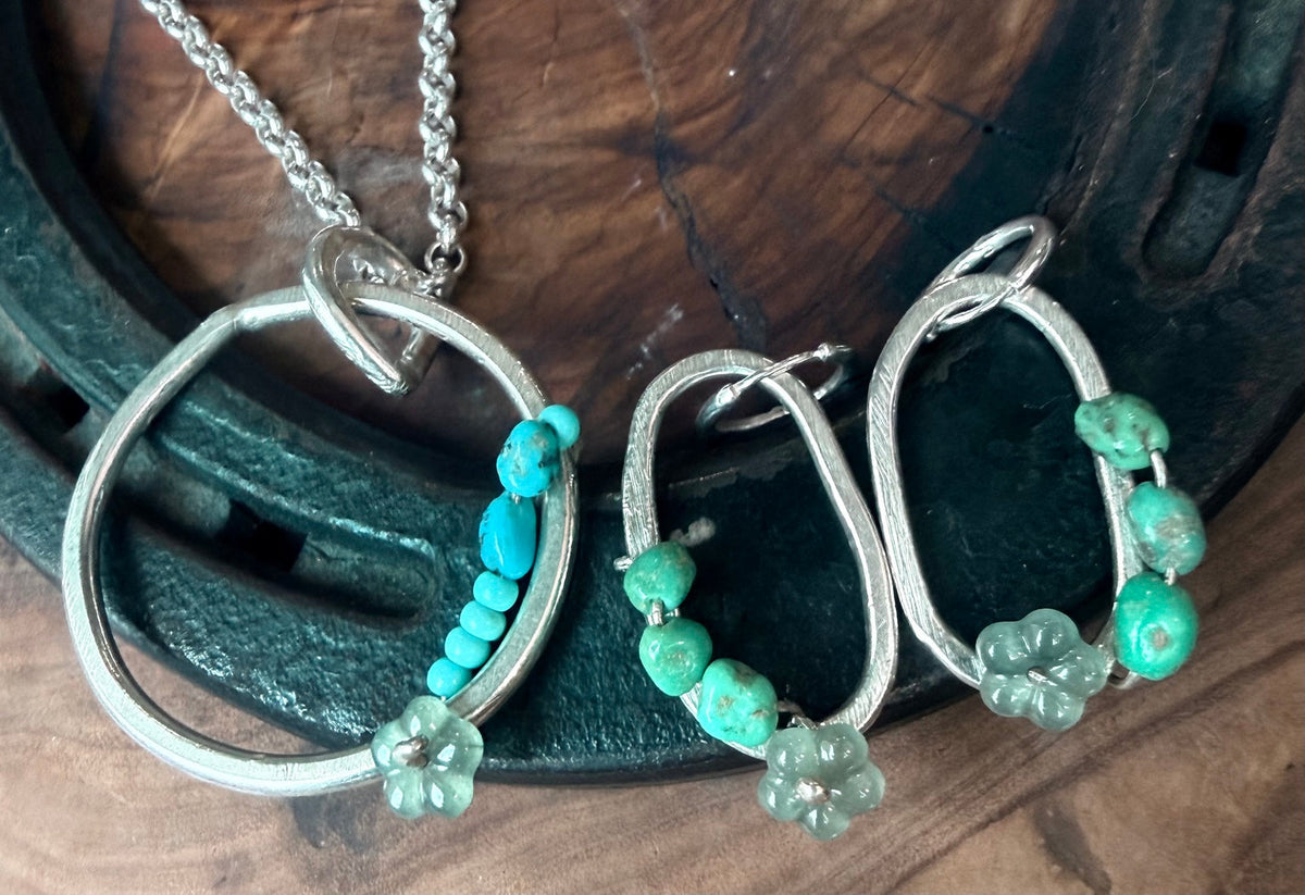 Desert Bloom Huggies & Pendant Set | Guatemalan Jadeite, Natural Turquoise & Sterling Silver