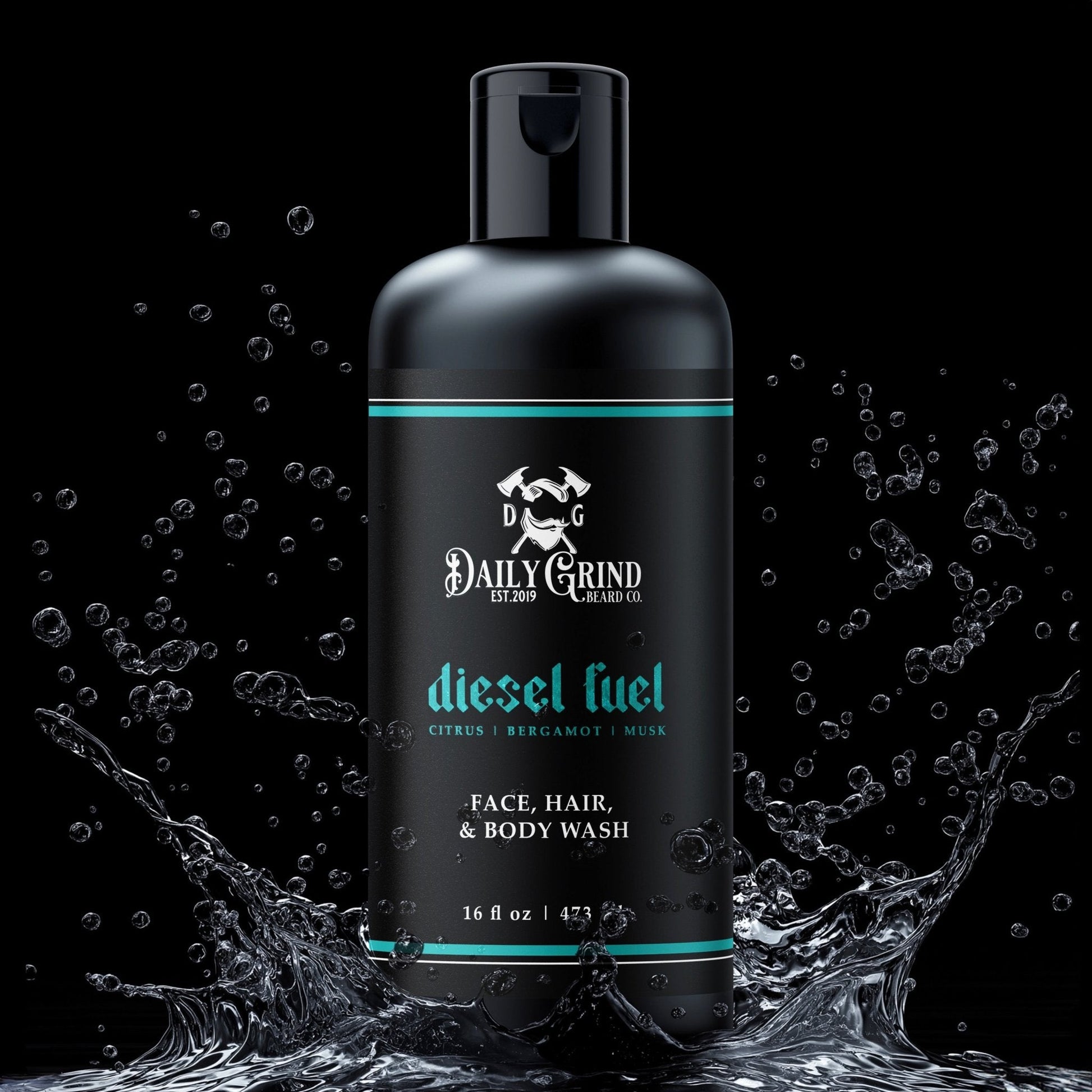 Black bottle of Daily Grind diesel fuel face, hair, and body wash with water splashes on a black background