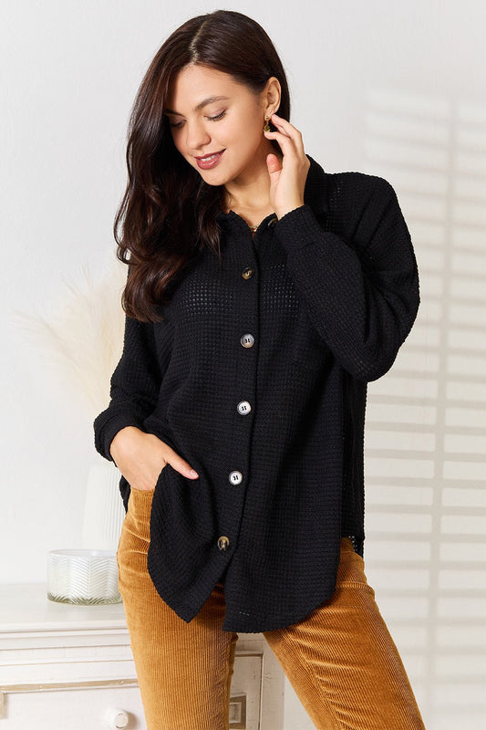 Double Take Waffle - Knit Collared Neck Dropped Shoulder Shirt - Bumpkin Ranchwear
