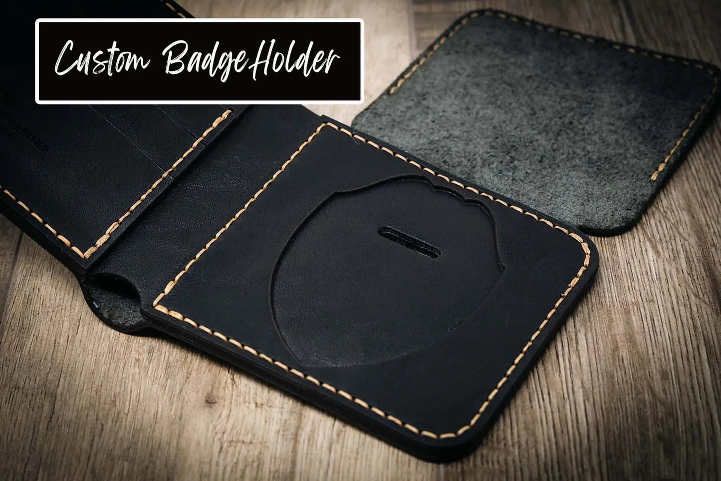 American-Made Black Leather Badge Wallet – Handmade Snap Closure ID & Badge Holder