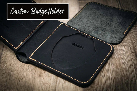 American-Made Black Leather Badge Wallet – Handmade Snap Closure ID & Badge Holder