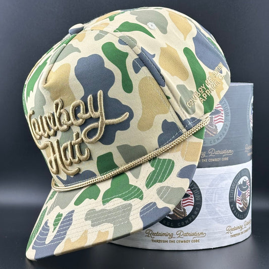Duck Camo Script “Cowboy Hat” - 5 - panel Trucker Hat - Bumpkin Ranchwear
