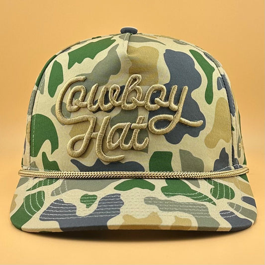 Duck Camo Script “Cowboy Hat” - 5 - panel Trucker Hat - Bumpkin Ranchwear