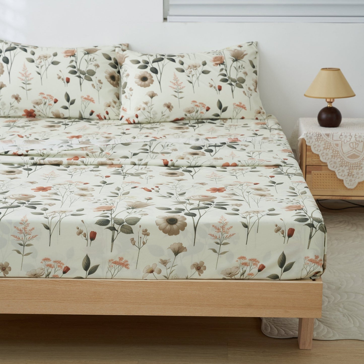 Enchanted Meadow Bed Sheet Set - Floral Harmony in Beige, Rose, and Soft Green - Bumpkin Ranchwear