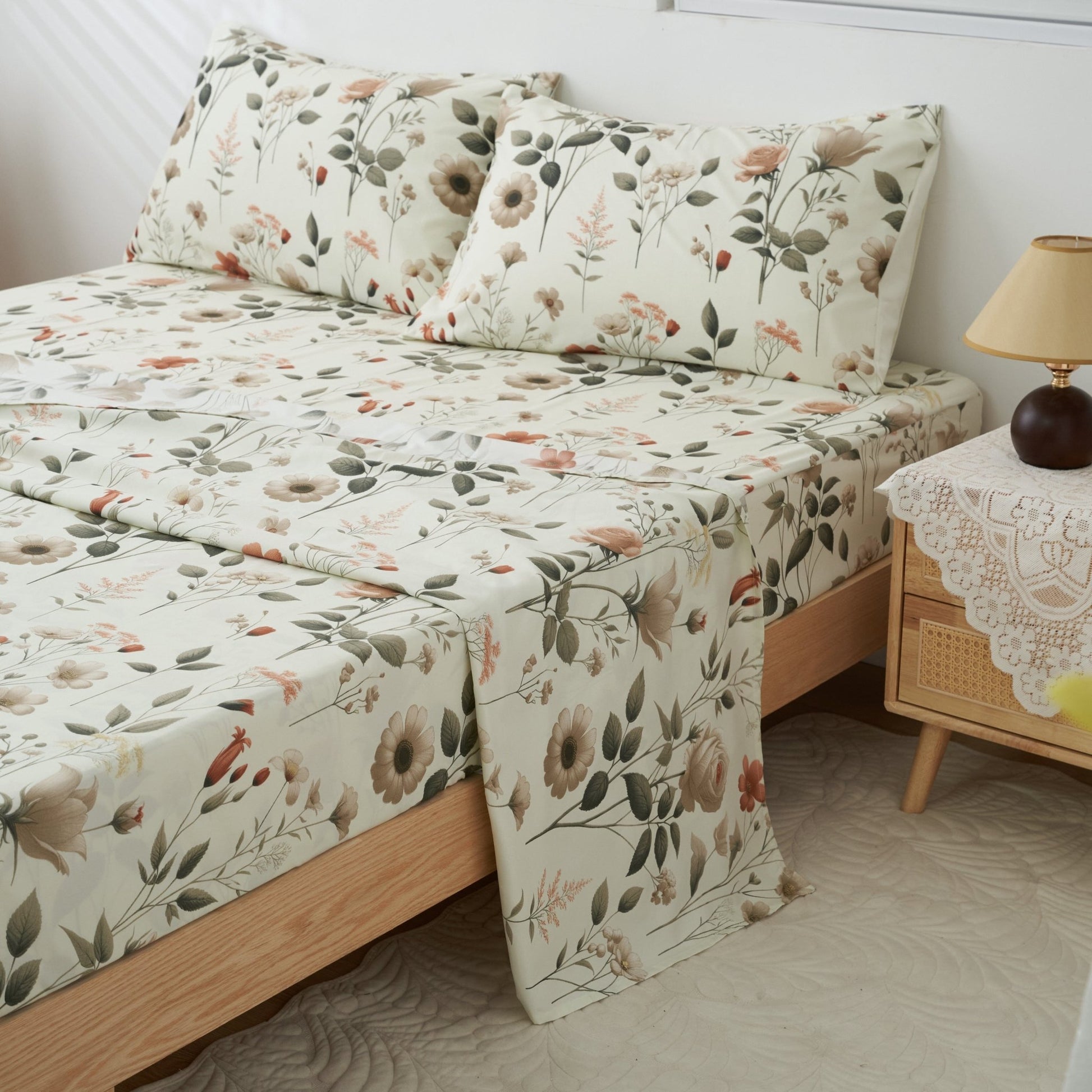 Enchanted Meadow Bed Sheet Set - Floral Harmony in Beige, Rose, and Soft Green - Bumpkin Ranchwear