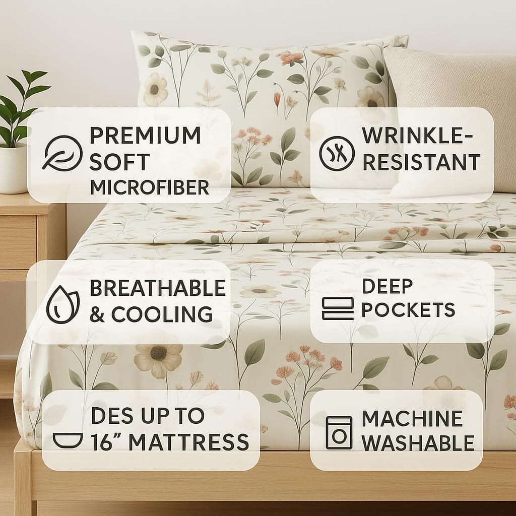 Enchanted Meadow Bed Sheet Set - Floral Harmony in Beige, Rose, and Soft Green - Bumpkin Ranchwear