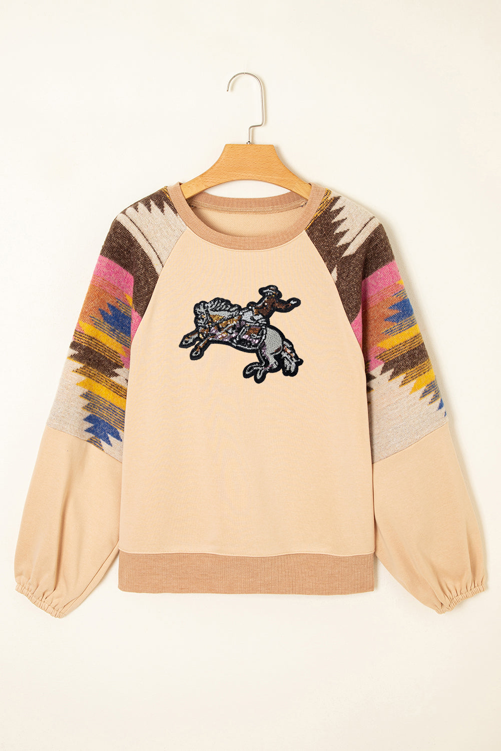 Beige Rodeo Sequins Patch Graphic Fashion Sweatshirt