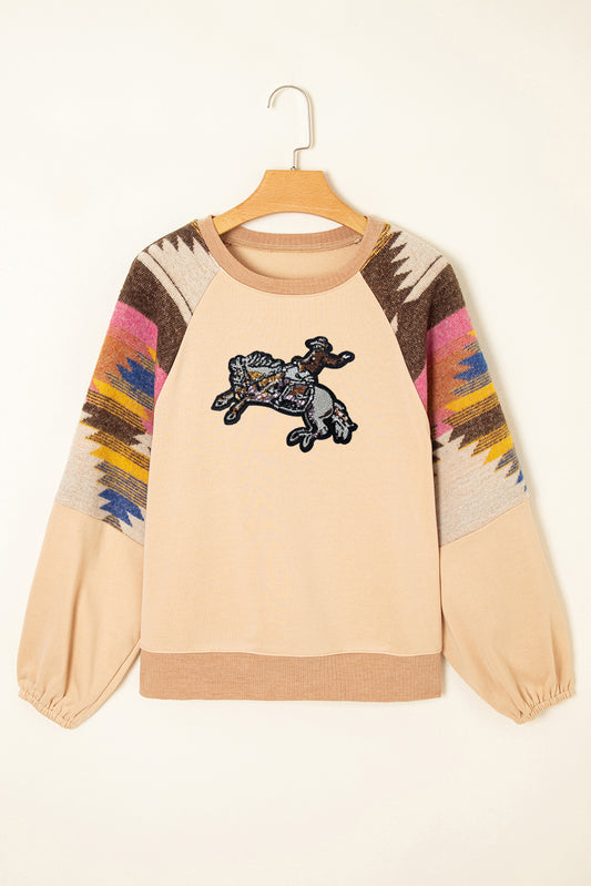 Beige Rodeo Sequins Patch Graphic Fashion Sweatshirt