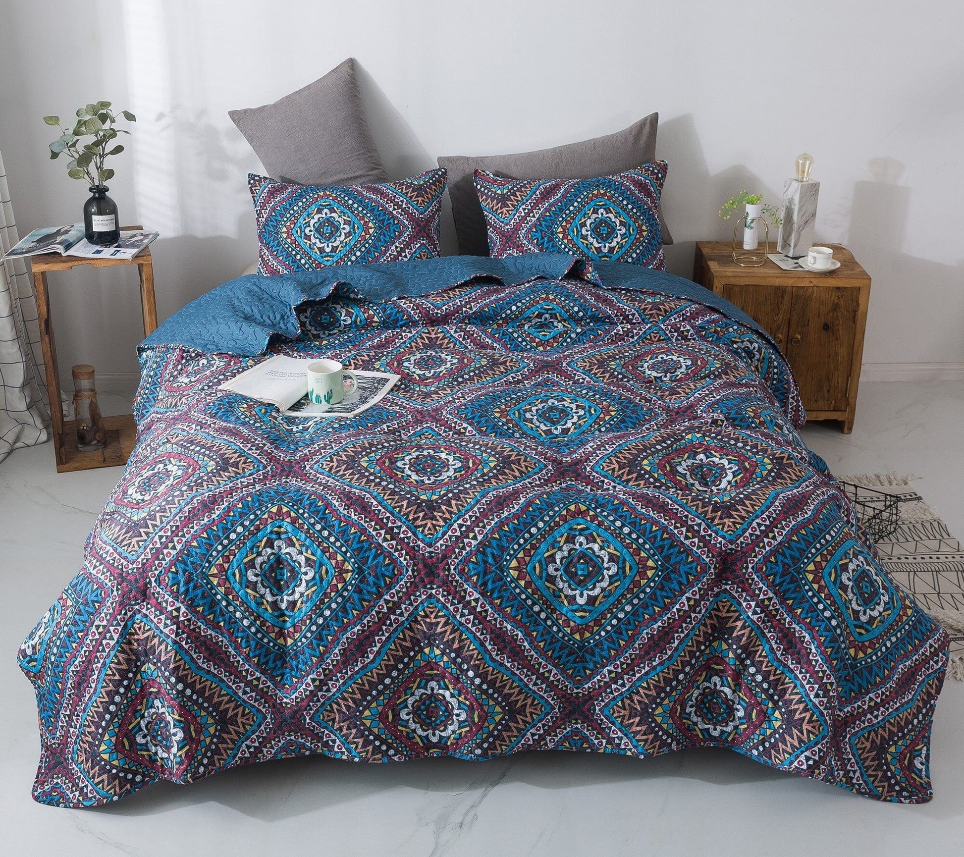 Farmhouse Bohemian Native Rustic Navy Blue Geometric Diamond Shapes Bedspread Set - Bumpkin Ranchwear
