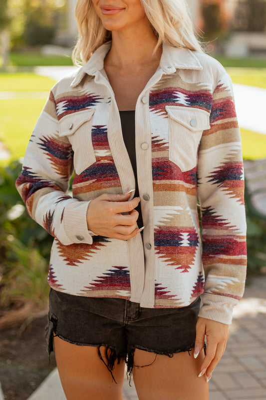 Western Ribbed Patchwork Double Flap Pocket Raw Hem Shacket