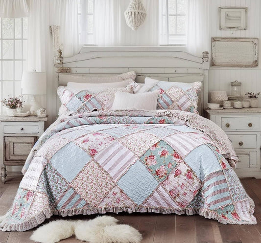 Floral Pastel Cotton Patchwork Ruffle Bedspread Set - Bumpkin Ranchwear
