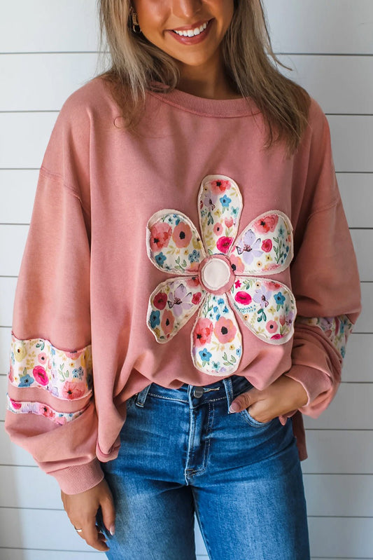 Flower Applique Patchwork Drop Sleeve Pullover Sweatshirt - Bumpkin Ranchwear