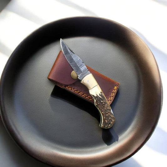 Folding Hunter Knife | Antler Horn Handle with Leather Case - Bumpkin Ranchwear