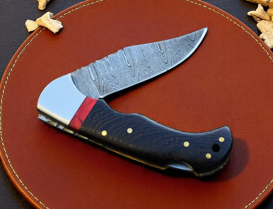 Folding Hunting Knife – Damascus Blade Wangi Wood - Bumpkin Ranchwear
